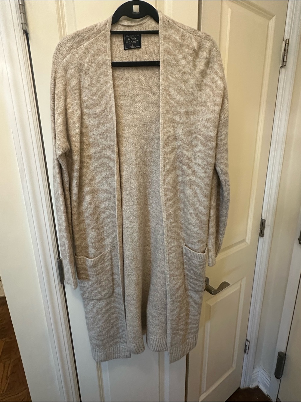 Abercrombie & Fitch Open-Front Long Cardigan in Cream-Tan Heather